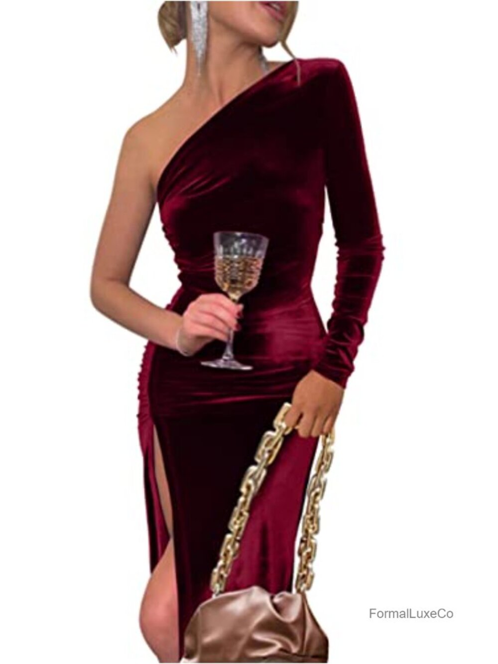 One Shoulder Long Sleeve Ruched Velvet Party Dress with Slit